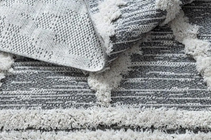 Teppich ÖKO SISAL BOHO MOROC Diamanten 22297 Franse - zwei Ebenen aus Vlies grau / creme, recycelter Teppich