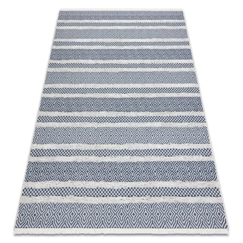 Teppich ÖKO SISAL BOHO MOROC Linien 22328 Franse - zwei Ebenen aus Vlies creme / dunkelblau, recycelter Teppich
