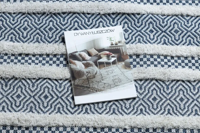 Teppich ÖKO SISAL BOHO MOROC Linien 22328 Franse - zwei Ebenen aus Vlies creme / dunkelblau, recycelter Teppich