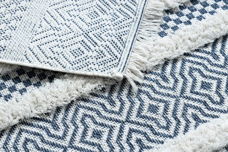 Teppich ÖKO SISAL BOHO MOROC Linien 22328 Franse - zwei Ebenen aus Vlies creme / dunkelblau, recycelter Teppich