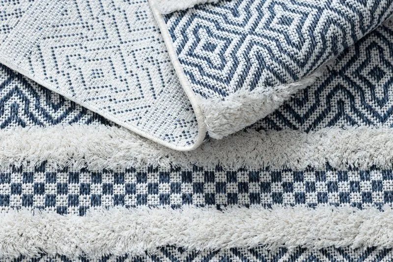 Teppich ÖKO SISAL BOHO MOROC Linien 22328 Franse - zwei Ebenen aus Vlies creme / dunkelblau, recycelter Teppich