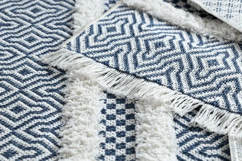 Teppich ÖKO SISAL BOHO MOROC Linien 22328 Franse - zwei Ebenen aus Vlies creme / dunkelblau, recycelter Teppich