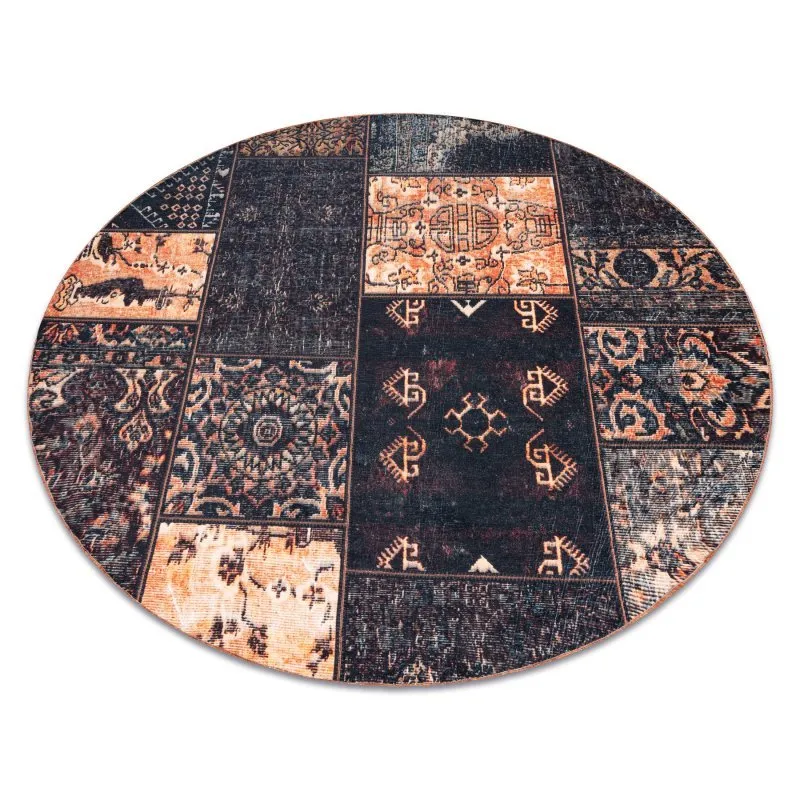 ANTIKA ancient chocolate Teppich Kreis, modernes Patchwork, griechisch waschbar - schwarz / Terrakotta