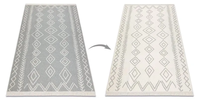 Teppich TWIN 23000 Boho, Baumwolle, doppelseitig, Rauten Ökologische Fransen - grau / creme