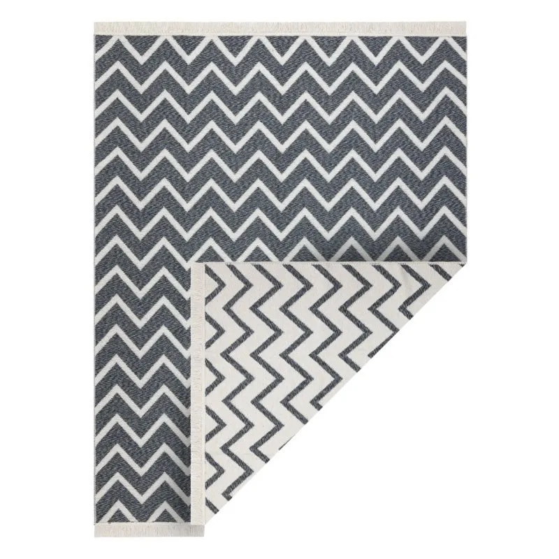 Teppich TWIN 23002 ZigZag, Baumwolle, doppelseitig, Ökologische Fransen - anthrazit / creme