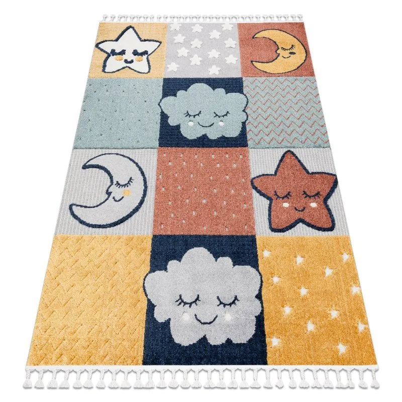Teppich YOYO GD52 grau / gelb - Sterne, Wolken, Patchwork für Kinder, strukturell, sensorische Fransen