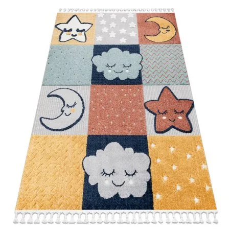 Teppich YOYO GD52 grau / gelb - Sterne, Wolken, Patchwork für Kinder, strukturell, sensorische Fransen