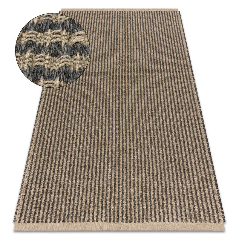 Teppich JUTE 3650 schwarz / beige Linien - Jute, flachgewebt, Fransen
