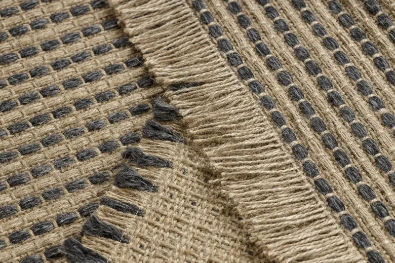 Teppich JUTE 3652 schwarz / beige Linien - Jute, flachgewebt, Fransen
