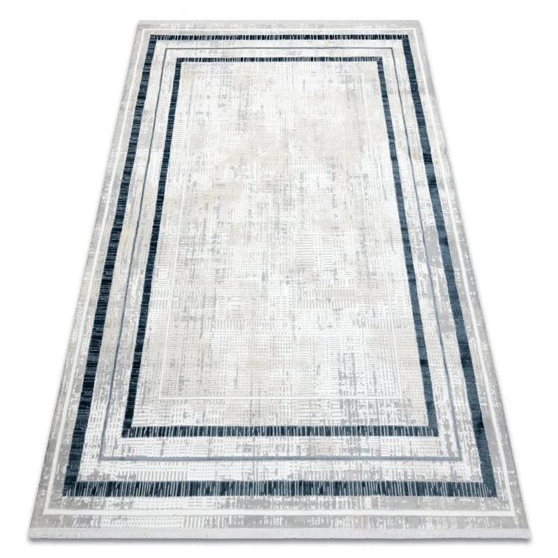 Moderner Teppich DUKE 51523 creme / blau - Rahmen, strukturiert, sehr weich, Fransen