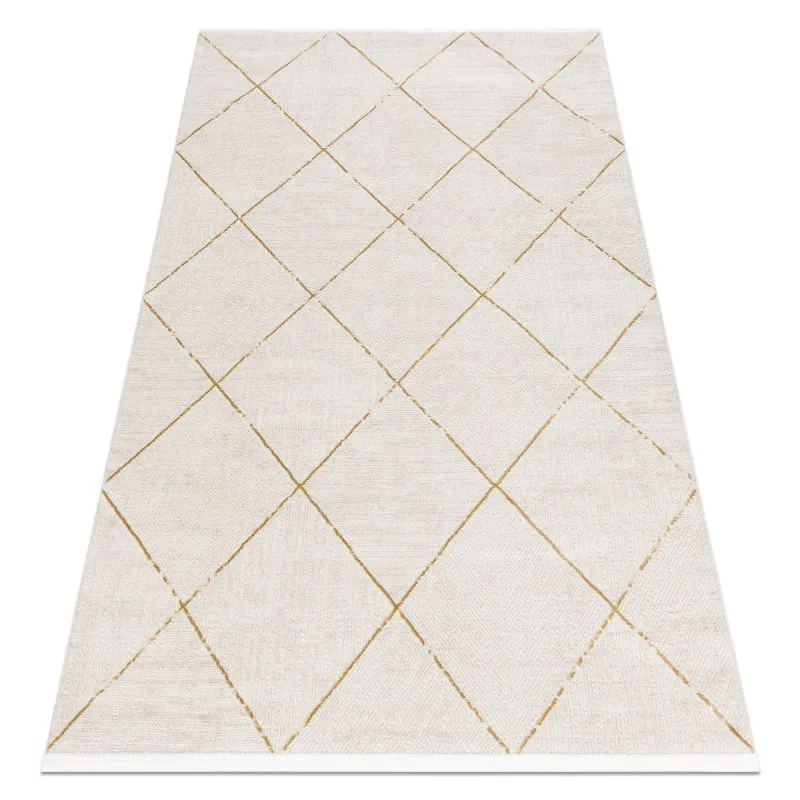 Moderner Teppich DUKE 51245 creme / gold - Gitter, strukturiert, sehr weich, Fransen
