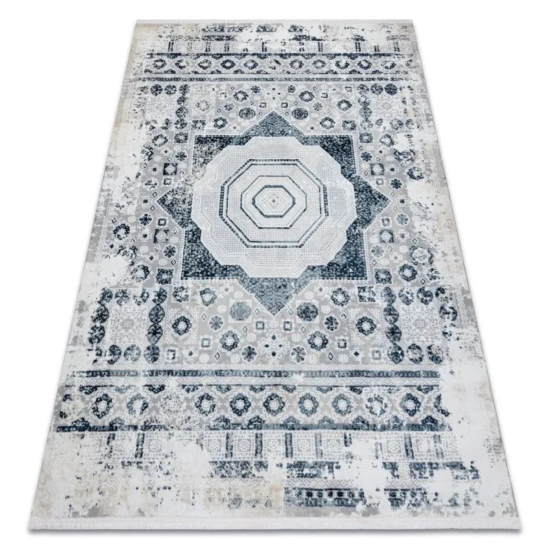 Moderner Teppich DUKE 51542 creme / blau - Rosette vintage, strukturiert, sehr weich, Fransen