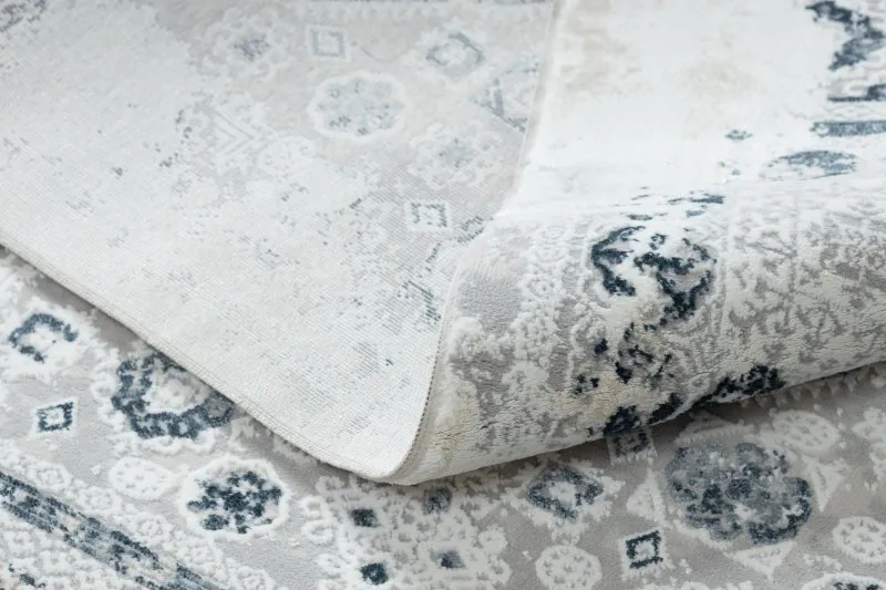 Moderner Teppich DUKE 51542 creme / blau - Rosette vintage, strukturiert, sehr weich, Fransen