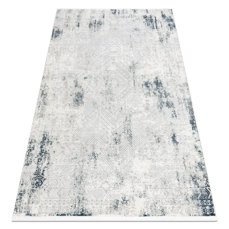 Moderner Teppich DUKE 51558 creme / blau - Geometrisch vintage, strukturiert, sehr weich, Fransen