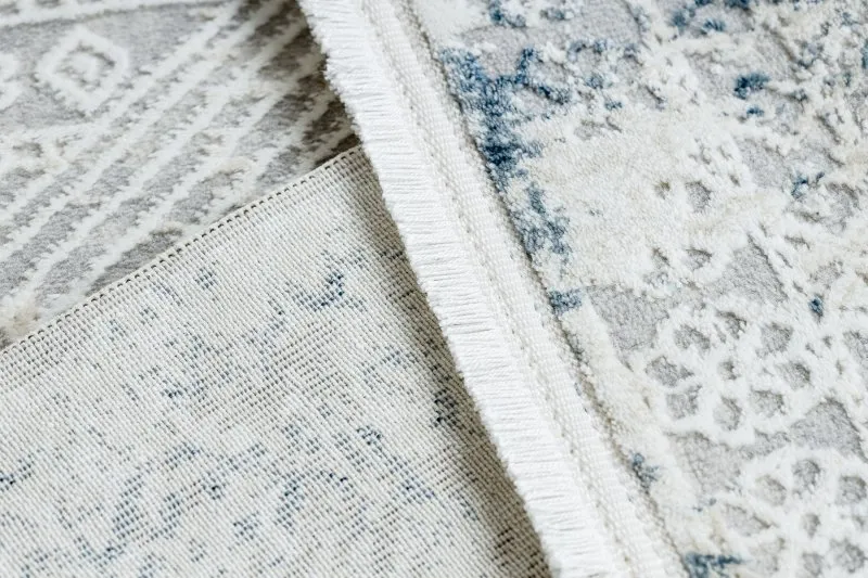 Moderner Teppich DUKE 51558 creme / blau - Geometrisch vintage, strukturiert, sehr weich, Fransen