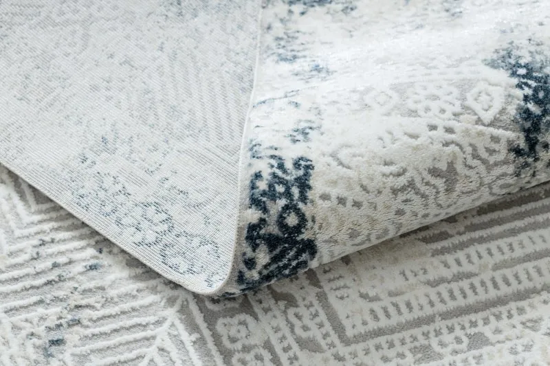 Moderner Teppich DUKE 51558 creme / blau - Geometrisch vintage, strukturiert, sehr weich, Fransen