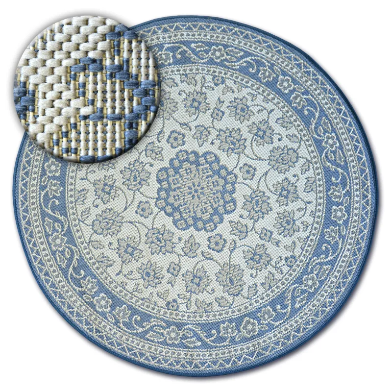 Runder Teppich aus Sisal mit blauen Blumen, stilvoller Teppich für das Wohnzimmer