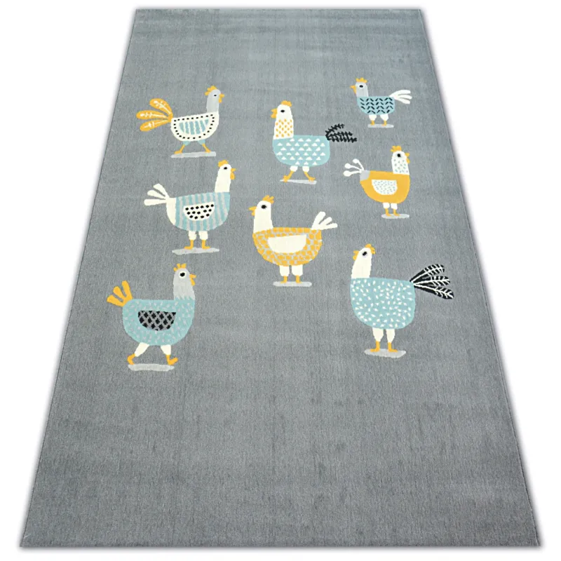 Teppich in grau und türkis mit Hühner-Motiv, ideal für moderne Wohnräume