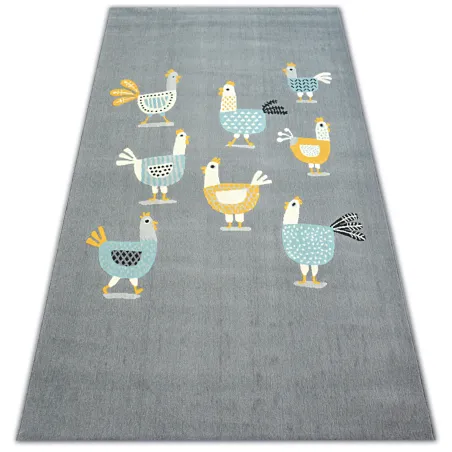 Teppich in grau und türkis mit Hühner-Motiv, ideal für moderne Wohnräume