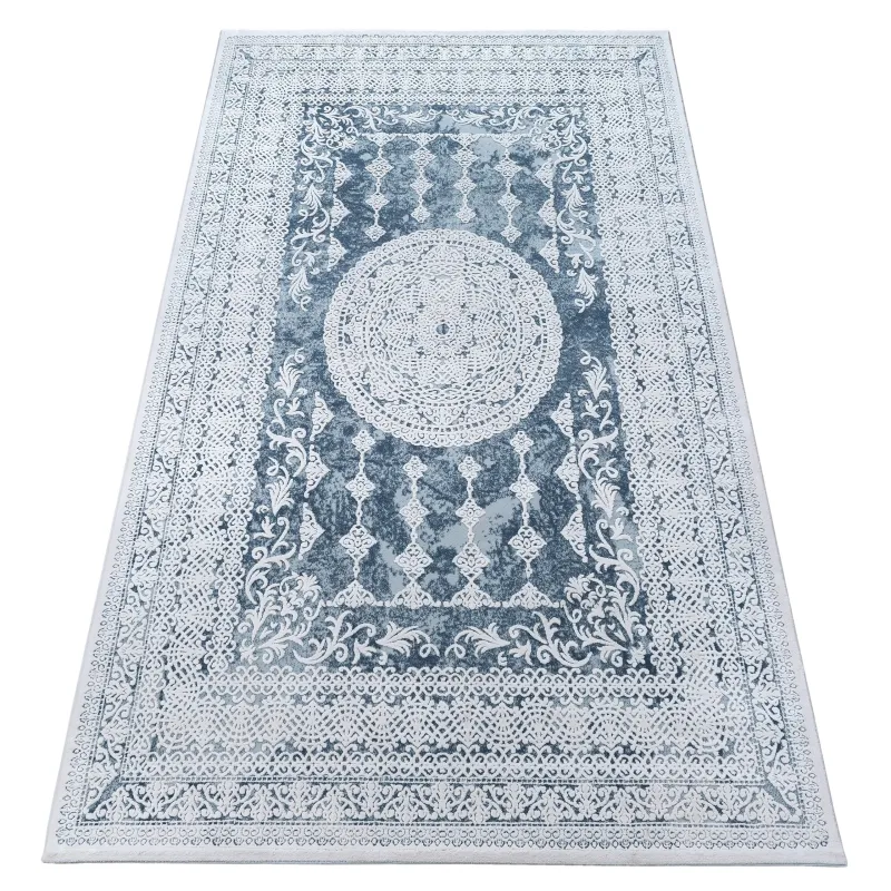 Akril Teppich VALENCIA 2328 in Blau und Elfenbein, moderner Teppich für jeden Raum