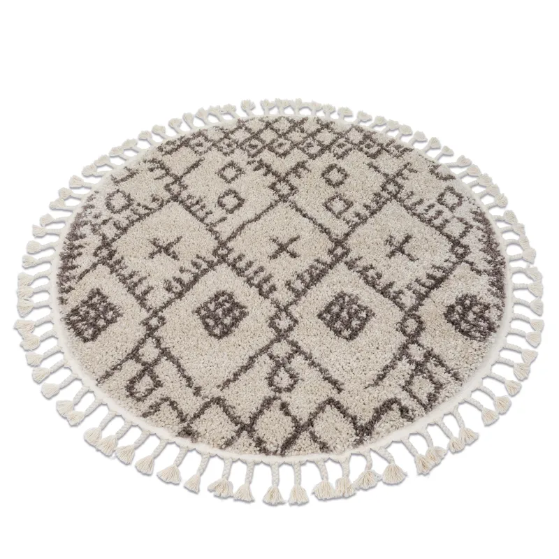 Runder Teppich in Creme und Braun mit Fransen, marokkanischer Stil, shaggy