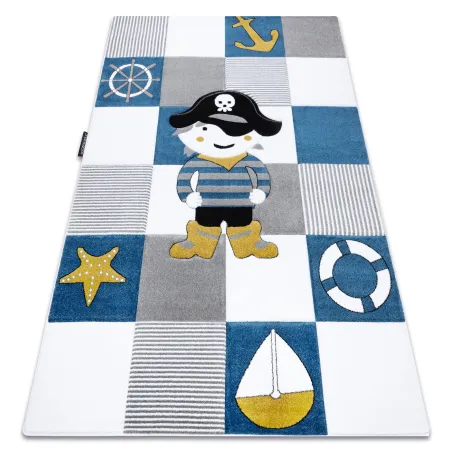 Blauer Kinderteppich mit Piratenschiff-Motiv
