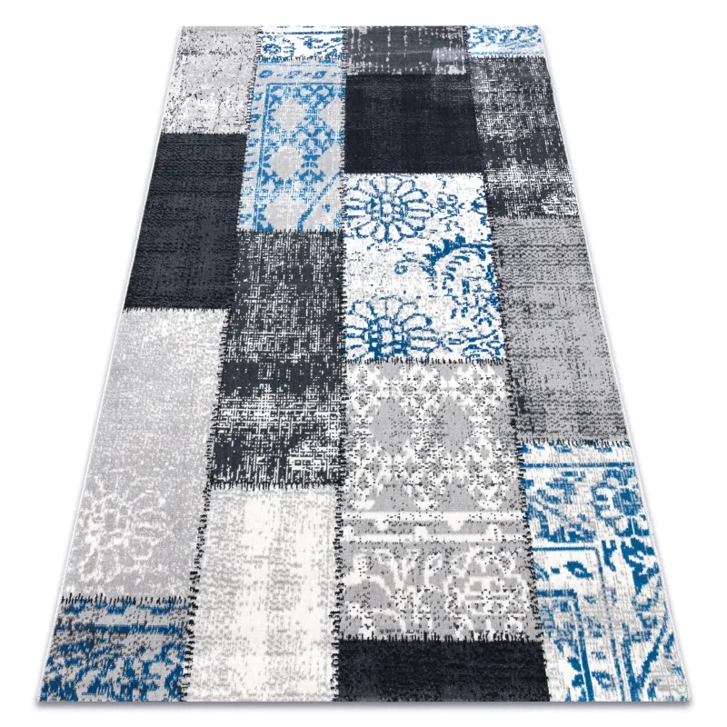 Klassischer Teppich in grau und blau, Vintage Patchwork für Wohnräume