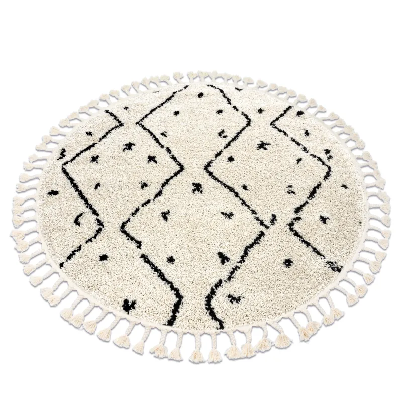 Runder Teppich in Creme mit Fransen, marokkanischer Berberstil, shaggy