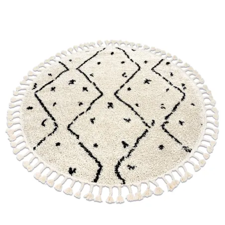 Runder Teppich in Creme mit Fransen, marokkanischer Berberstil, shaggy