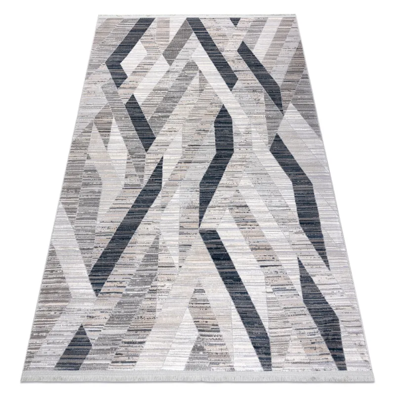 Moderner Teppich REBEC in Dunkelblau mit Fransen, geometrisches Design, zwei Ebenen