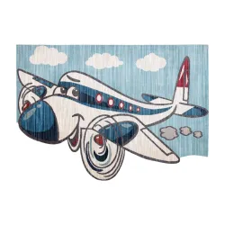 Kinderteppich TOYS Flugzeug für Kinder - modern, unregelmäßige Form, 3D-Effekt, marine - türkis / creme