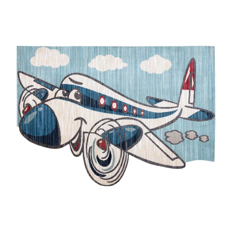 Kinderteppich TOYS 75320 Flugzeug für Kinder - modern, unregelmäßige Form, 3D-Effekt, marine - türkis / creme