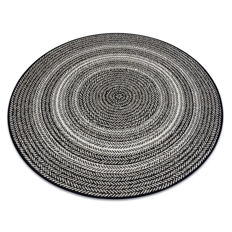 Runder Teppich aus schwarzem Sisal, Boho-Stil, flach gewebt