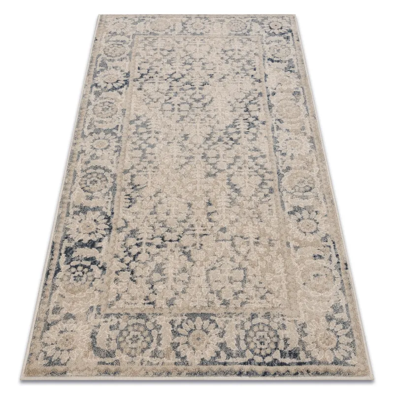 Wollteppich NAIN mit vintage Rahmen in beige und dunkelblau