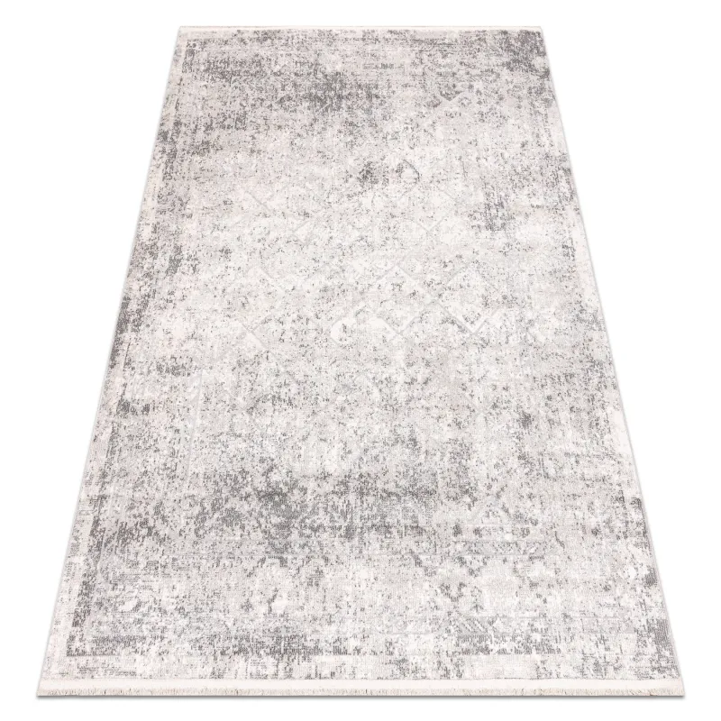 Teppich DISTIN 0200A grau / hellgrau / weiß modern - Rauten, Rahmen, Vintage, Fransen