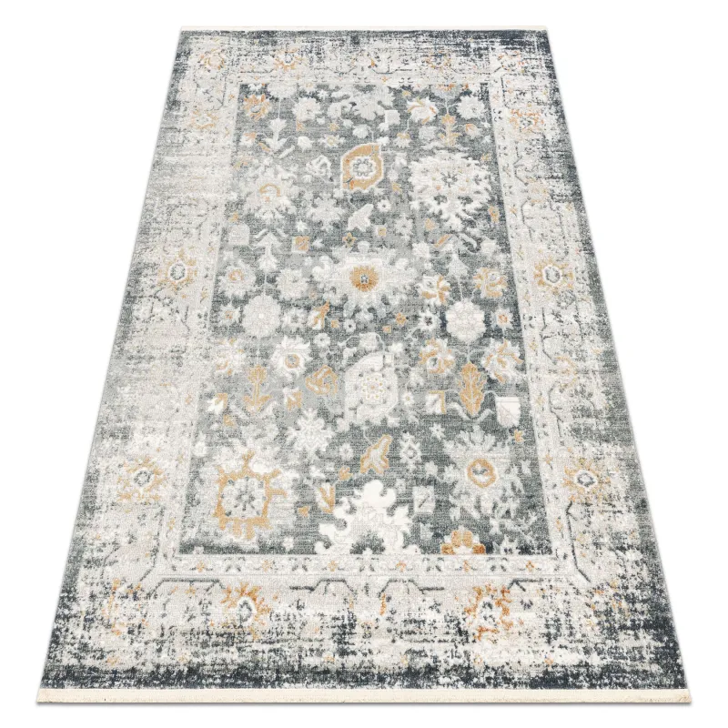 Teppich DISTIN 0835A grau / hellgrau / weiß modern - Ornament, Rahmen, Vintage, Fransen