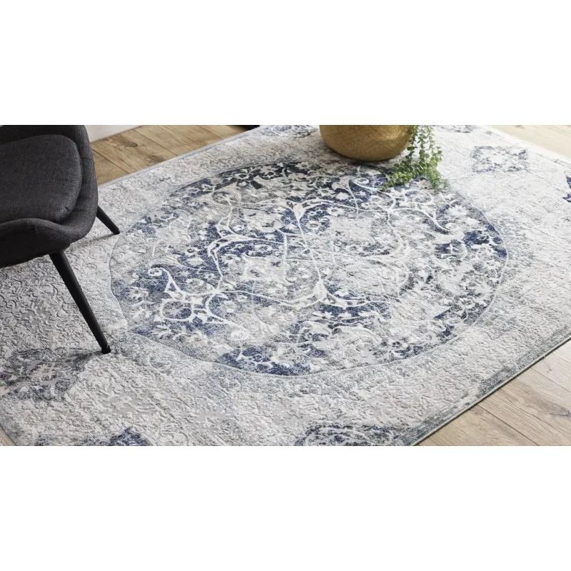 Teppich DISTIN 0820A marineblau / blau / weiß modern - Ornament, Vintage, Fransen