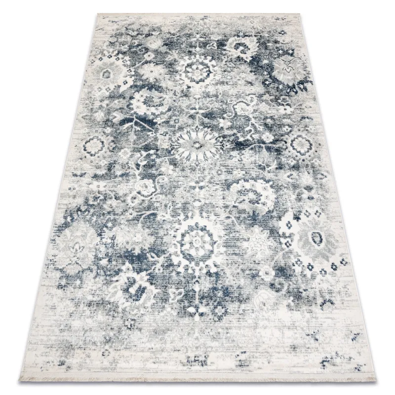 Teppich DISTIN 0822A marineblau / blau / weiß modern - Rosette, Vintage, Fransen