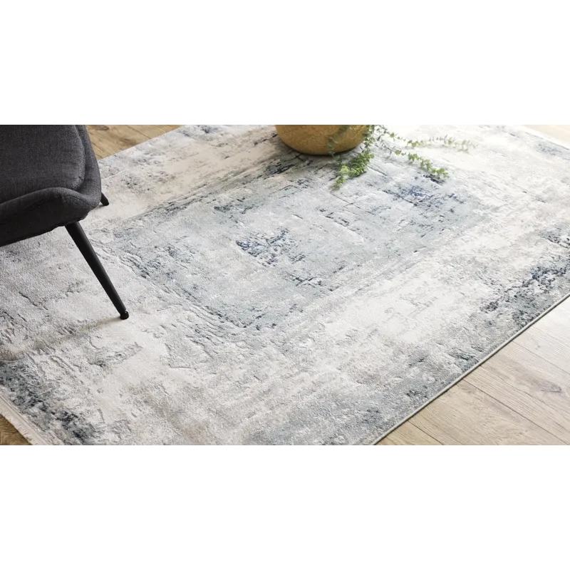 Teppich DISTIN 0845A weiß / dunkelblau / blau modern - Abstraktion, Rahmen, Vintage, Fransen