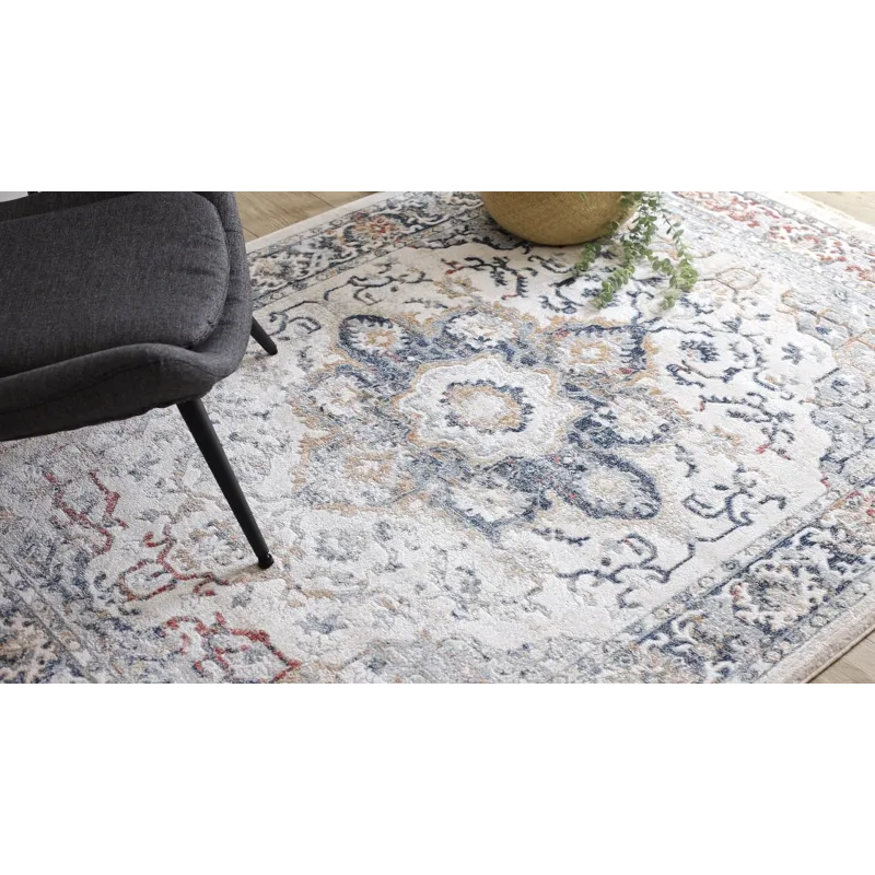 Teppich DISTIN 0834A marineblau / blau / gelb / terrakotta modern - Ornament, Vintage, Fransen