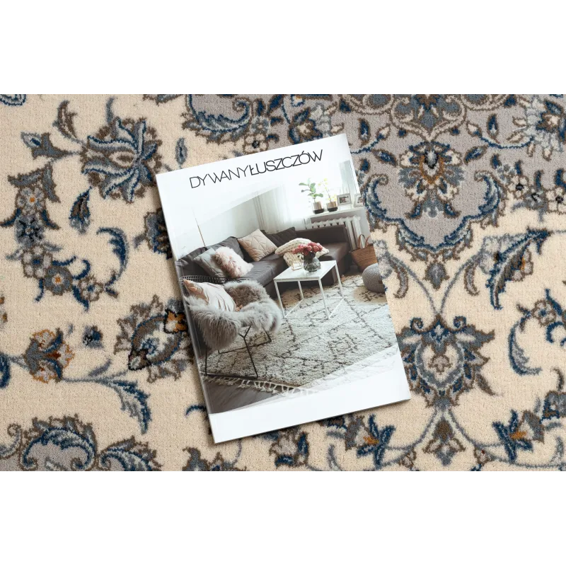 Eleganter Wollteppich NAIN Ornament in beige und blau, ideal für Wohnzimmer