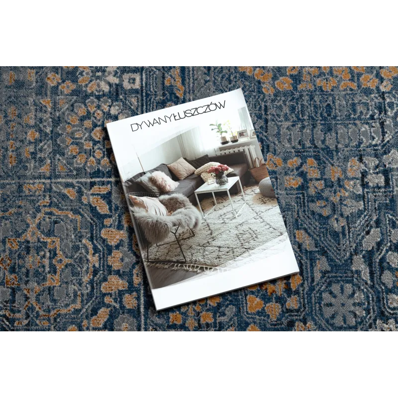 Eleganter Wollteppich in Blau und Orange Muster
