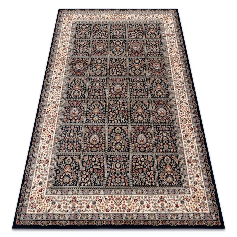 Wollteppich NAIN mit dunkelblauen und beige Blumen, perfekt für das Wohnzimmer