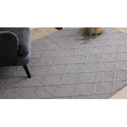 Wollerteppich TAHAR 99001G grau - HANDGEWEBT Schlingenflor, Rauten, Boho