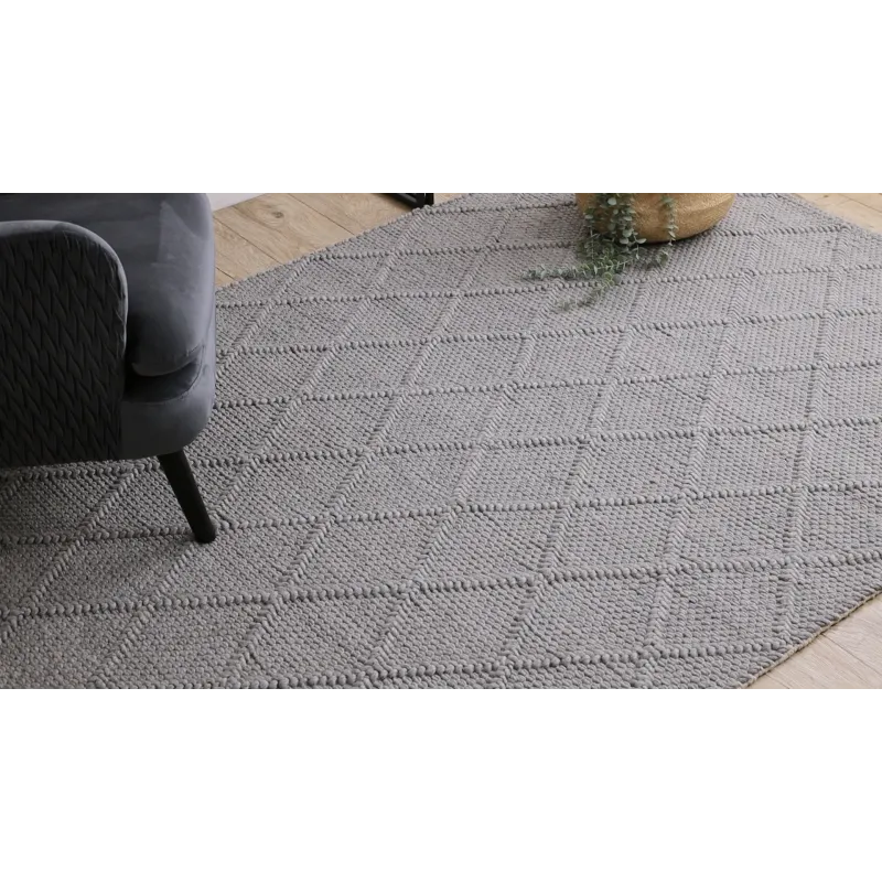 Wollerteppich TAHAR 99001G grau - HANDGEWEBT Schlingenflor, Rauten, Boho
