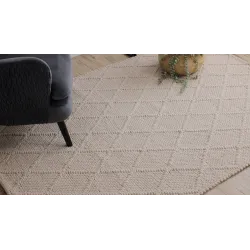 Wollerteppich TAHAR 99001B creme - HANDGEWEBT Schlingenflor, Rauten, Boho