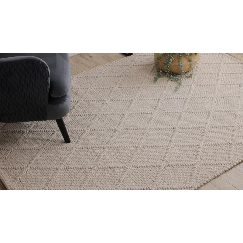 Wollerteppich TAHAR 99001B creme - HANDGEWEBT Schlingenflor, Rauten, Boho