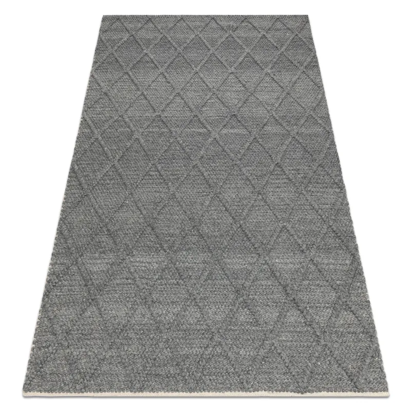 Wollerteppich TAHAR 99001K Anthrazit - HANDGEWEBT Schlingenflor, Rauten, Boho