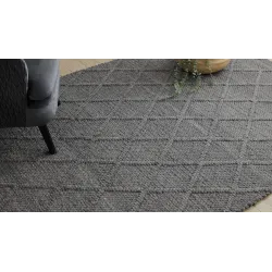 Wollerteppich TAHAR 99001K Anthrazit - HANDGEWEBT Schlingenflor, Rauten, Boho
