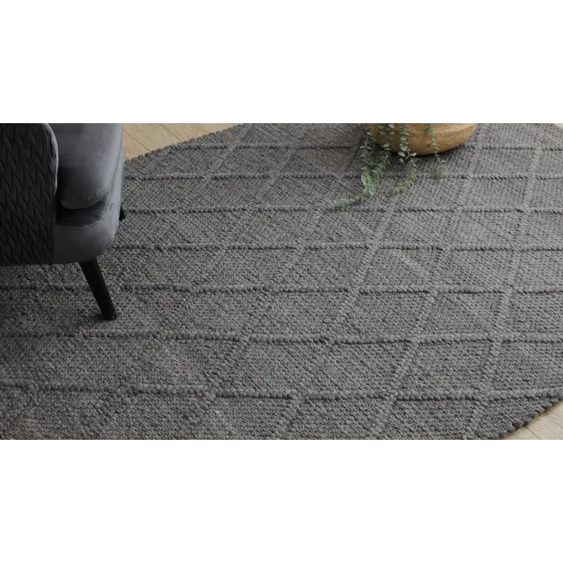 Wollerteppich TAHAR 99001K Anthrazit - HANDGEWEBT Schlingenflor, Rauten, Boho